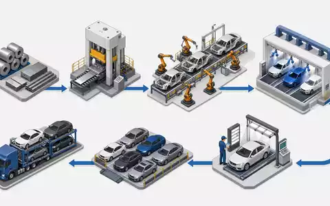 General Motors Wertschöpfungskette vom Stahlcoil bis zur Fahrzeuglieferung als isometrisches 3D Diagramm, ISIN US37045V1008 - Foto: THN