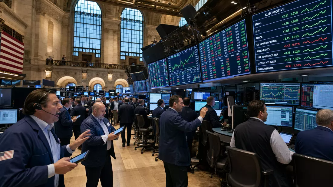 NYSE-Handelssaal mit Händlern, Kursbildschirmen und Automotive-Sektor-Anzeigetafel im Hintergrund