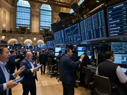 General Motors Aktie wird am NYSE Handelssaal gehandelt, Automobilsektor Kurscharts auf Bildschirmen, ISIN US37045V1008 - Foto: THN