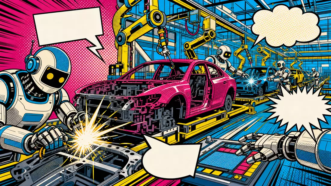 Pop-Art-Comic einer futuristischen Automontagehalle mit Robotern, Halbtönen und kräftigen Primärfarben