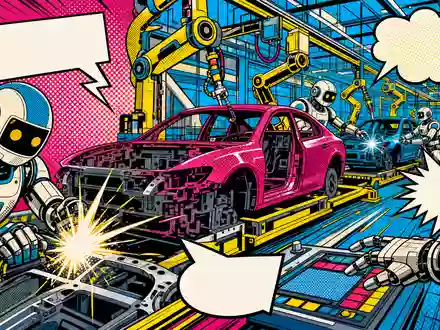 General Motors Automobilfabrik als farbiger Pop Art Comic mit Robotern und Fahrzeugkarosserien, ISIN US37045V1008 - Foto: THN