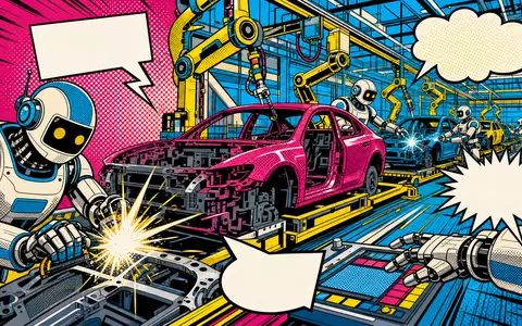 General Motors Automobilfabrik als farbiger Pop Art Comic mit Robotern und Fahrzeugkarosserien, ISIN US37045V1008 - Foto: THN