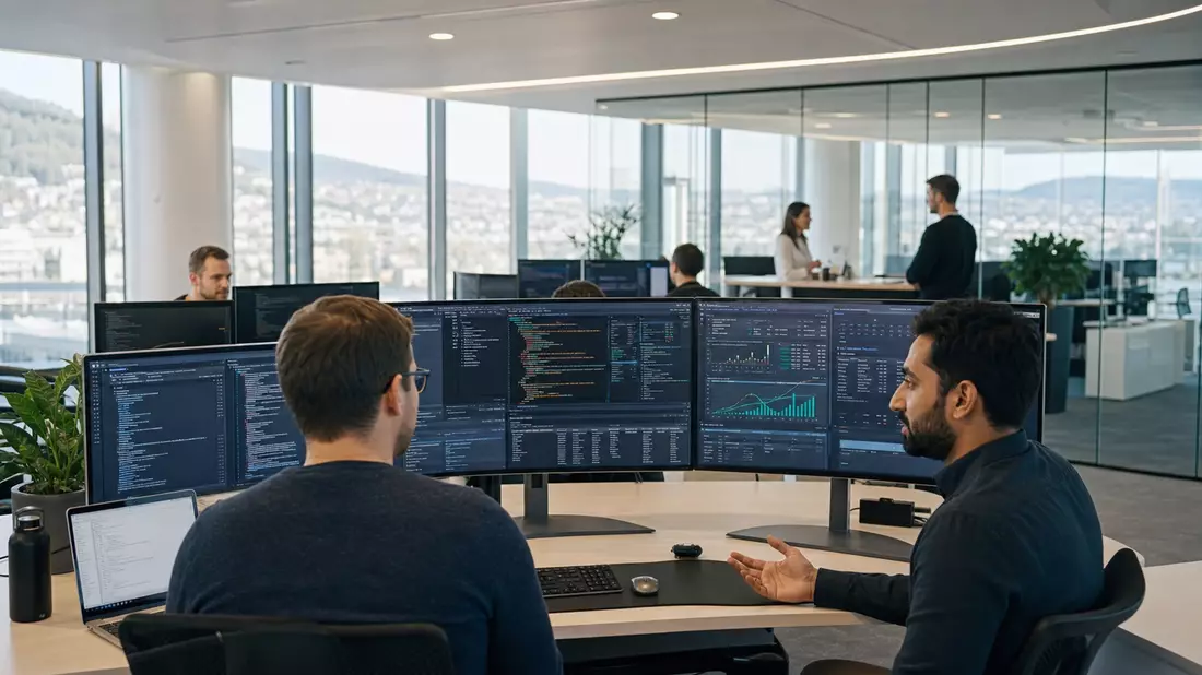 Fotorealistisches IT-Büro mit Entwicklern an Curved-Monitoren, GFT Technologies Stuttgart