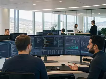 GFT Technologies DE0005800601 zeigt Entwickler in einem modernen IT Consulting Büro an Banking Monitoren - Foto: THN