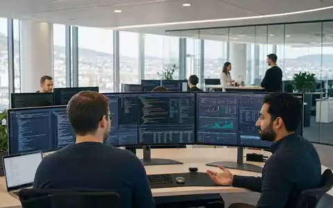 GFT Technologies DE0005800601 zeigt Entwickler in einem modernen IT Consulting Büro an Banking Monitoren - Foto: THN