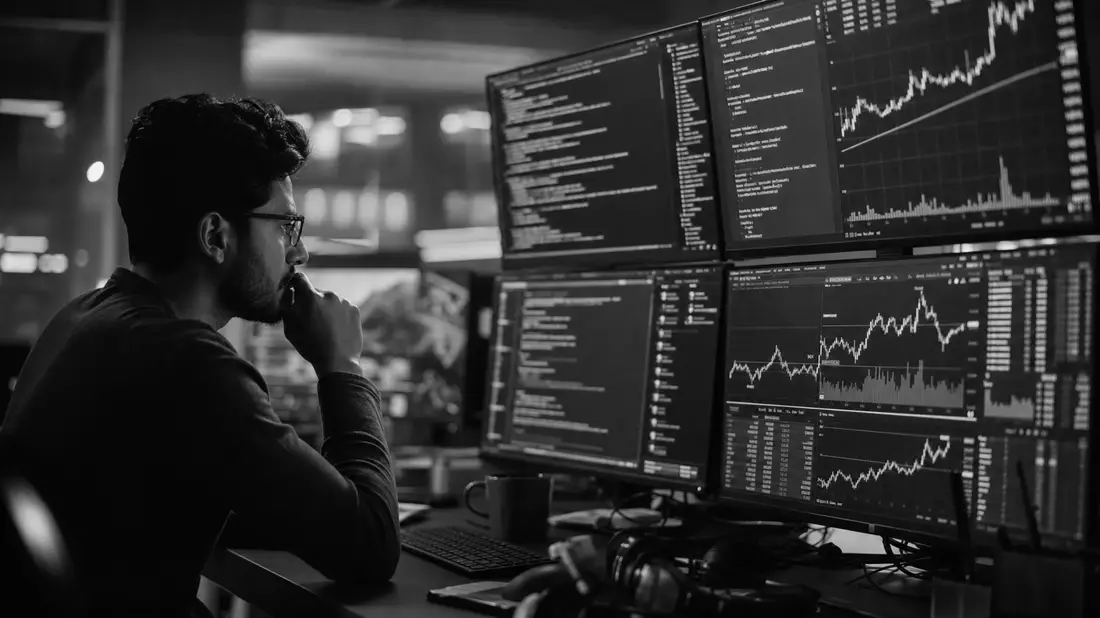 Schwarzweiß-Dokumentarfoto eines IT-Ingenieurs vor Screens mit Code und Finanzdaten