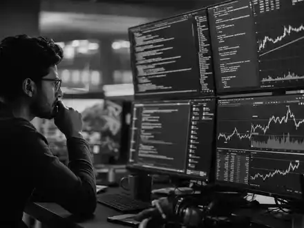 GFT Technologies DE0005800601 Schwarzweiß Reportage eines Entwicklers vor Monitoren mit Finanzdaten und Code - Foto: THN