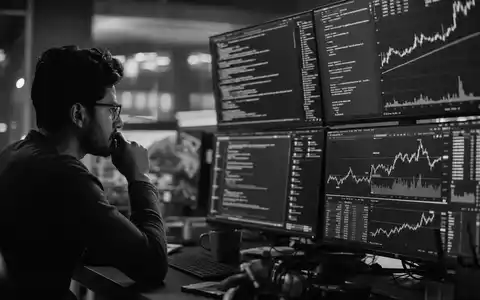 GFT Technologies DE0005800601 Schwarzweiß Reportage eines Entwicklers vor Monitoren mit Finanzdaten und Code - Foto: THN