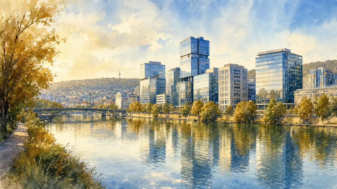 Aquarell-Stadtansicht Stuttgart mit Glastürmen am Fluss, warmes Nachmittagslicht