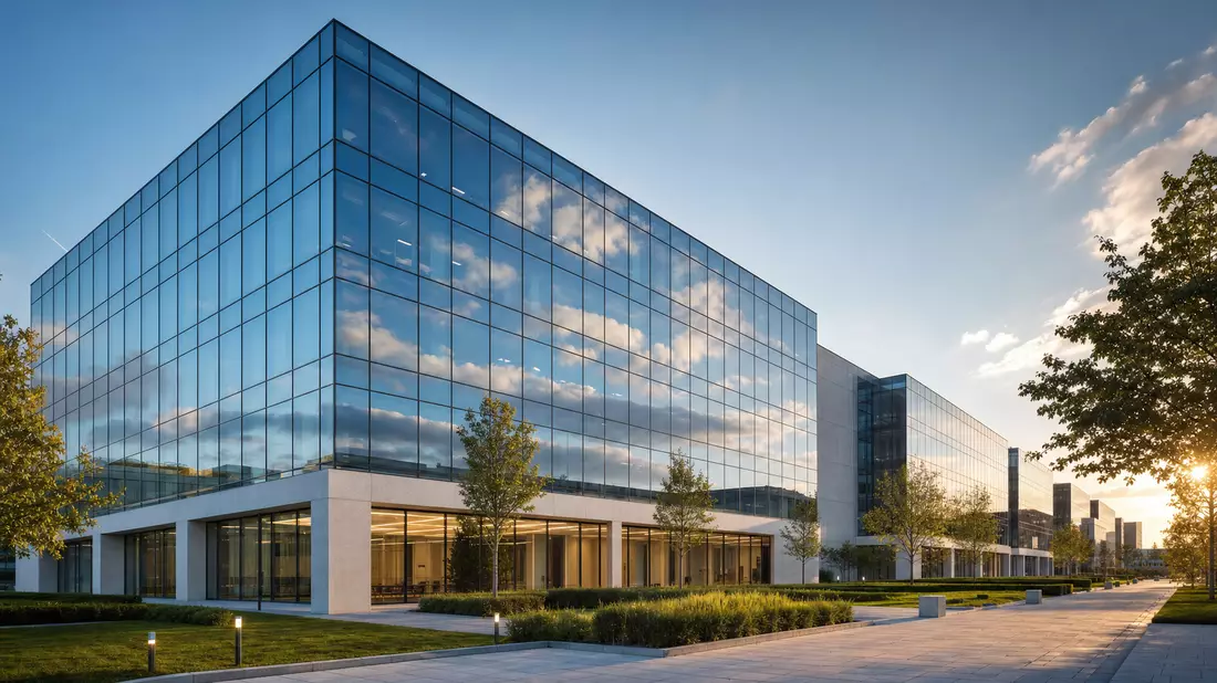 CGI-Render modernes Unternehmensgebäude mit Glasfassade im Abendlicht, Architekturvisualisierung