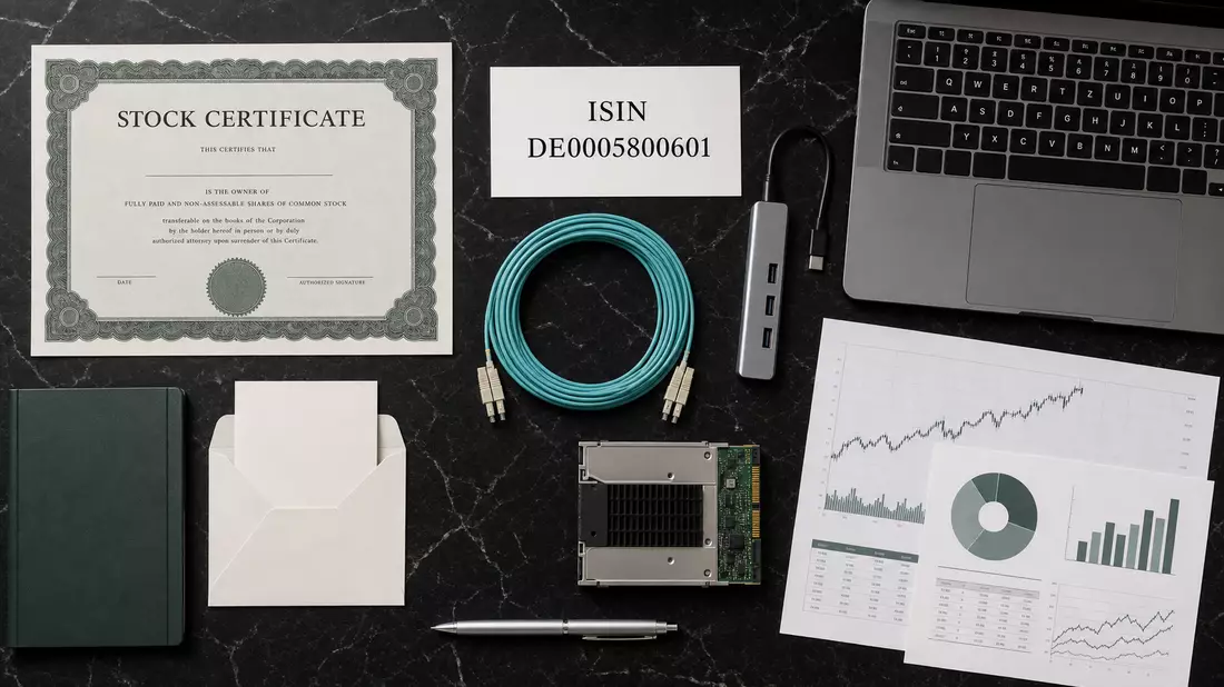 Flatlay-Arrangement mit Aktienzertifikat, ISIN-Karte DE0005800601, Laptop und IT-Utensilien auf Marmor