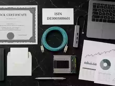 GFT Technologies DE0005800601 Flatlay mit Aktienzertifikat und ISIN Karte sowie IT Hardware auf Marmor - Foto: THN