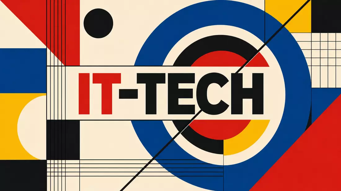 Bauhaus-Grafikdesign mit geometrischen Primärfarben, Kreisen und zentralem IT-TECH-Schriftzug