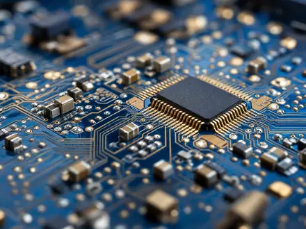 GFT Technologies DE0005800601 Makroaufnahme einer Leiterplatte mit goldenen Chip Kontakten und Leiterbahnen in Blau - Foto: THN