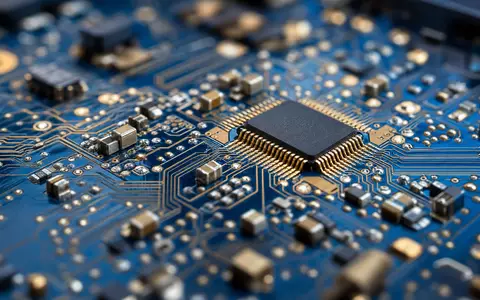 GFT Technologies DE0005800601 Makroaufnahme einer Leiterplatte mit goldenen Chip Kontakten und Leiterbahnen in Blau - Foto: THN