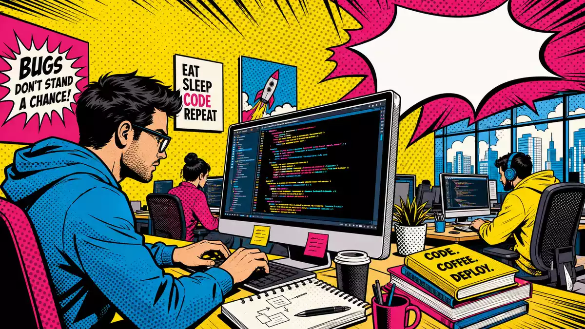 Pop-Art-Comic IT-Büro mit stylisierten Entwicklern beim Coden, leuchtende Primärfarben und Halbtonraster