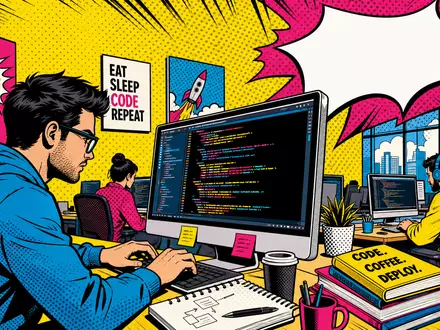 GFT Technologies DE0005800601 als bunter Pop Art Comic mit stylisierten Entwicklern in einem IT Büro - Foto: THN