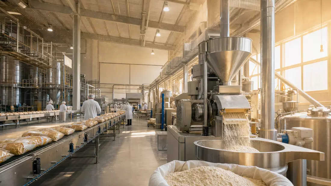 Fotorealistisches Innenbild einer Lebensmittelfabrik mit Mahlmaschinen und Förderband