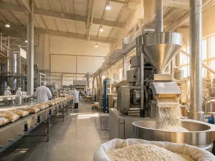 General Mills US3703391032 betreibt moderne Nahrungsmittelproduktion mit industriellen Mahlanlagen, Förderbändern und Abfüllung - Foto: THN