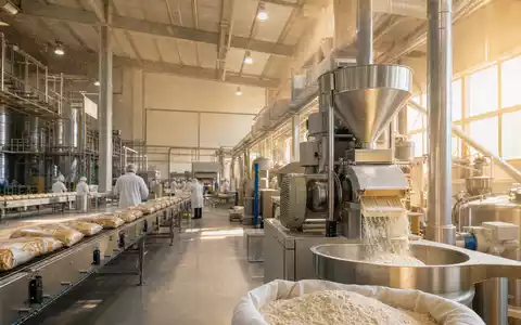 General Mills US3703391032 betreibt moderne Nahrungsmittelproduktion mit industriellen Mahlanlagen, Förderbändern und Abfüllung - Foto: THN