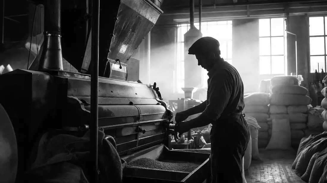 Schwarzweiß-Reportage eines Mühlenarbeiters an industrieller Mahlanlage mit Gegenlicht