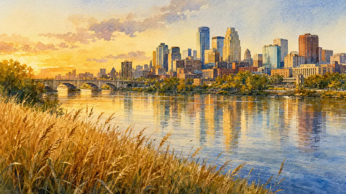 Aquarellmalerei der Skyline von Minneapolis am Mississippi mit Weizenfeldern im Vordergrund