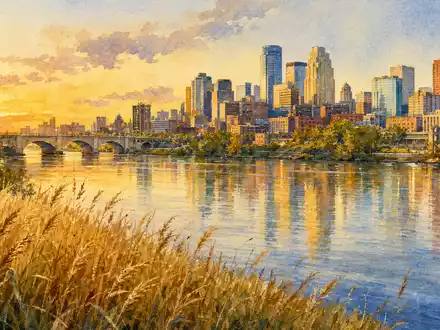 General Mills US3703391032 Aquarell der Unternehmensstadt Minneapolis am Mississippi im goldenen Abendlicht - Foto: THN