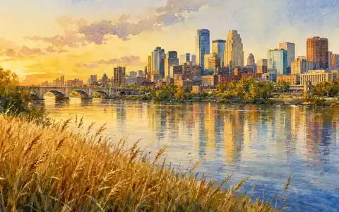 General Mills US3703391032 Aquarell der Unternehmensstadt Minneapolis am Mississippi im goldenen Abendlicht - Foto: THN