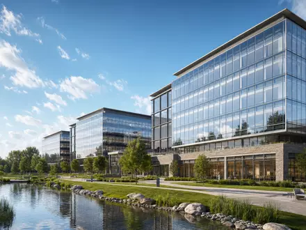 General Mills US3703391032 modernes Unternehmensgebäude als architektonisches CGI-Render mit Glas und Stahl - Foto: THN