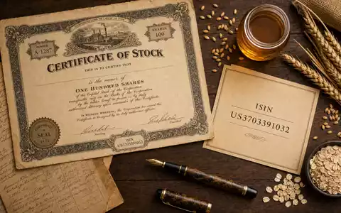 General Mills US3703391032 Flatlay zeigt Aktienzertifikat, ISIN-Karte, goldene Weizenkörner, Hafer und einen Füllfederhalter - Foto: THN