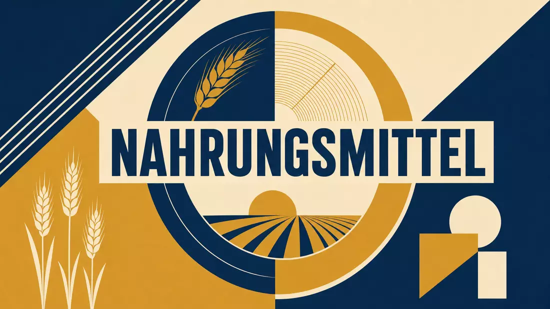 Bauhaus-Poster mit NAHRUNGSMITTEL-Text, geometrischen Formen in Gold, Marineblau und Creme