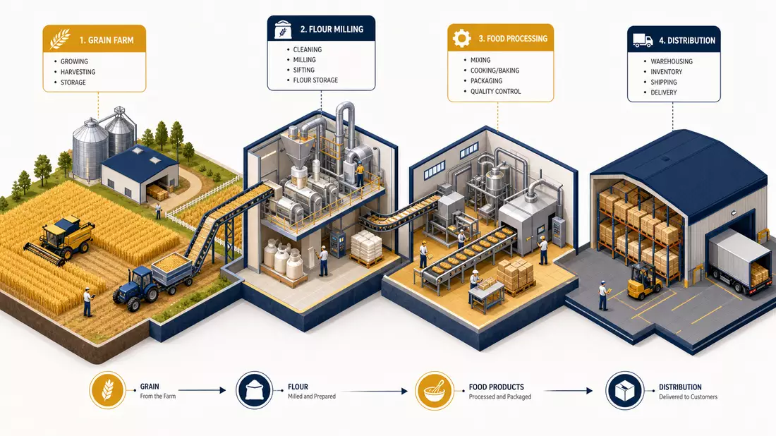 Isometrische 3D-Illustration der Nahrungsmittel-Lieferkette von Farm über Mühle bis Lager
