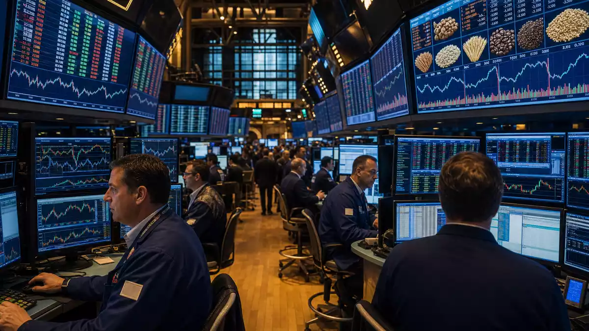 Editorial-Foto des NYSE-Handelsraums mit Händlern und Kursbildschirmen für Nahrungsmittelaktien