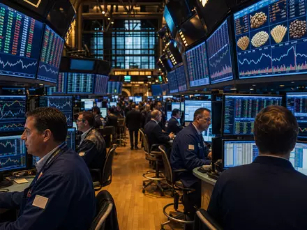 General Mills US3703391032 auf dem NYSE-Handelsparkett mit aktiven Händlern und Nahrungsmittel-Sektor-Charts auf den Bildschirmen - Foto: THN