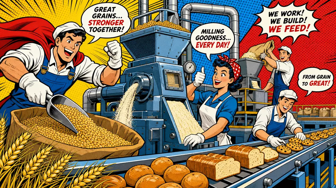 Pop-Art-Comic-Szene mit cartoon-haften Fabrikarbeitern an Mahlmaschinen in kräftigen Primärfarben