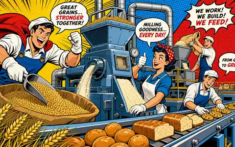 General Mills US3703391032 Pop-Art-Comic zeigt enthusiastische Fabrikarbeiter an der Getreidemühle mit bunten Sprechblasen - Foto: THN