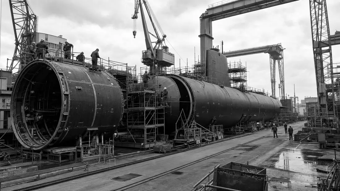 Schwarzweiß-Dokumentarfoto eines Marinewerfts mit U-Boot-Rumpfsektionen und Industriekränen