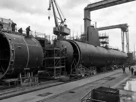 General Dynamics US3695501086 Werft dokumentiert den Bau von U-Boot-Rümpfen in dramatischem Schwarzweiß-Reportagestil - Foto: THN