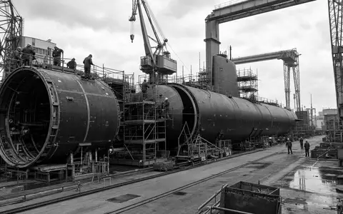 General Dynamics US3695501086 Werft dokumentiert den Bau von U-Boot-Rümpfen in dramatischem Schwarzweiß-Reportagestil - Foto: THN