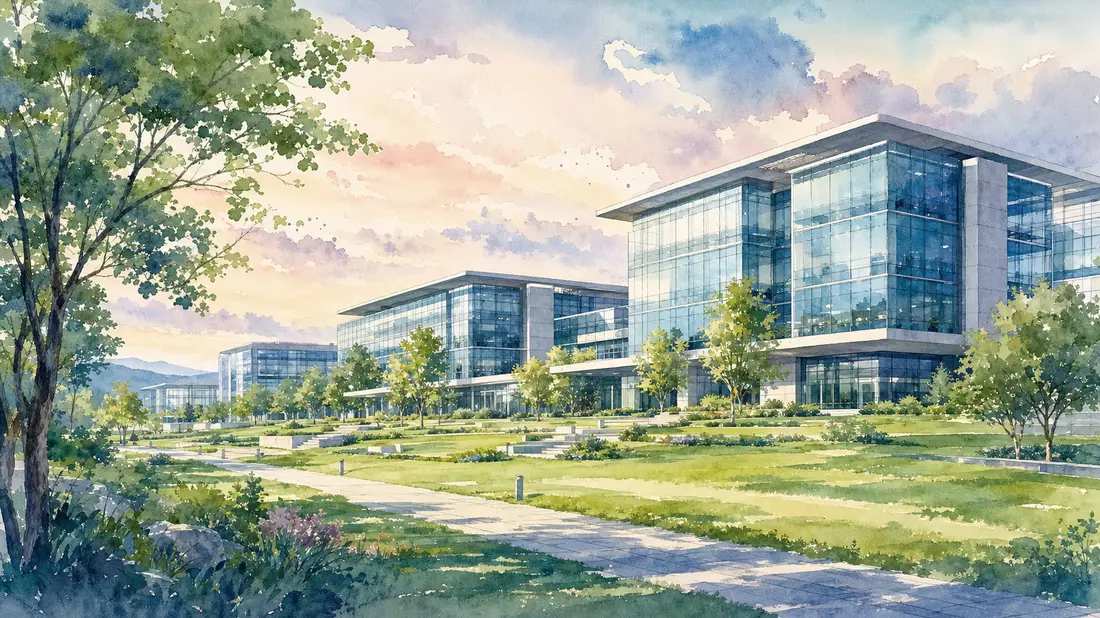 Aquarellmalerei eines modernen Rüstungstechnologie-Campus mit Glasgebäuden und Parklandschaft