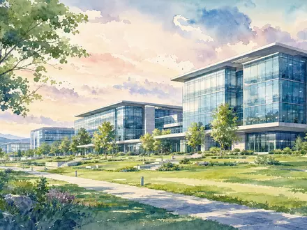 General Dynamics US3695501086 Unternehmensstandort als stimmungsvolles Aquarell mit modernen Glasgebäuden und Grünanlagen - Foto: THN