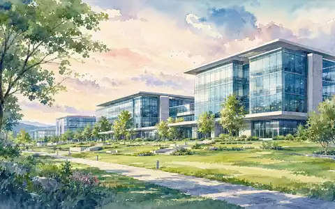 General Dynamics US3695501086 Unternehmensstandort als stimmungsvolles Aquarell mit modernen Glasgebäuden und Grünanlagen - Foto: THN