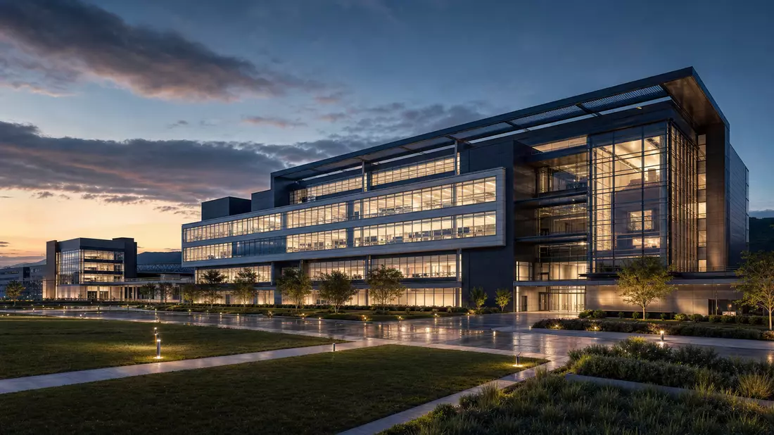 Architekturrender eines modernen Rüstungsforschungsgebäudes aus Glas und Stahl im Dämmerlicht