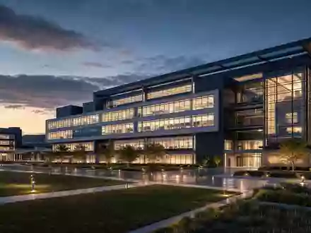 General Dynamics US3695501086 zeigt ein modernes Forschungszentrum als fotorealistisches Architekturrender bei Abenddämmerung - Foto: THN