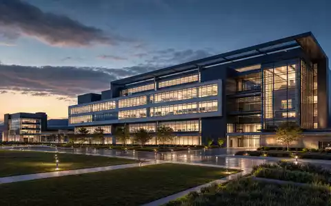 General Dynamics US3695501086 zeigt ein modernes Forschungszentrum als fotorealistisches Architekturrender bei Abenddämmerung - Foto: THN