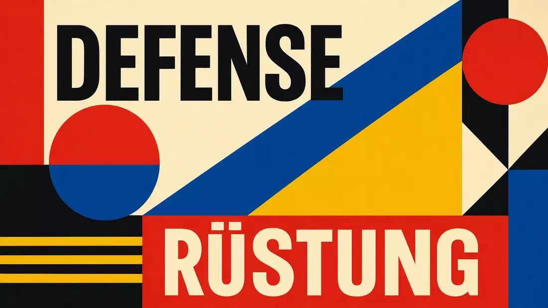 Geometrisches Bauhaus-Poster mit Primärfarben und typografischen Sektor-Begriffen DEFENSE und RÜSTUNG