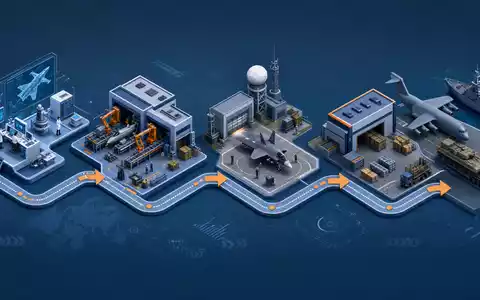 General Dynamics US3695501086 Rüstungswertschöpfungskette als isometrisches 3D Prozessdiagramm von Forschung bis zur Auslieferung - Foto: THN
