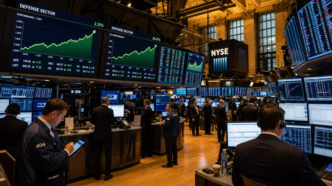 NYSE Trading-Floor mit Defense-Sector-Charts auf Großbildschirmen und beschäftigten Börsenhändlern
