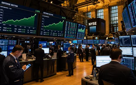 General Dynamics US3695501086 Rüstungsaktie auf NYSE Trading-Floor mit steigenden Defense-Sector-Charts und Händlern - Foto: THN