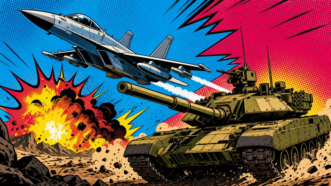 Pop-Art-Comic-Illustration mit stilisiertem Kampfflugzeug und Panzer in kräftigen Halbtonfarben